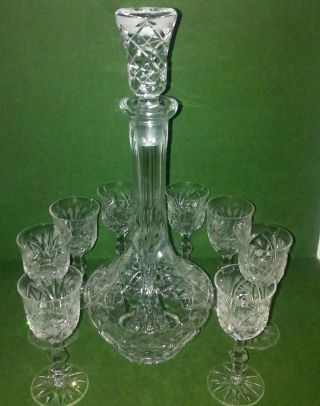 Heavy Brilliant Cut Glass Crystal Liquor Decanter With Stopper & 8 Glasses