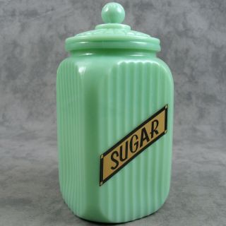 Jadeite Green Glass Tall Sq Sugar Canister Jar Ribbed Arch Panel Gold Label