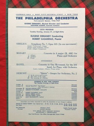 1946 - 1947 Ormandy Casadesus Philadelphia Orchestra Carnegie Concerts Flyer