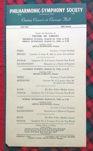 3/1950 Victor De Sabata Rubinstein Philharmonic - Symphony Carnegie Concerts Flyer