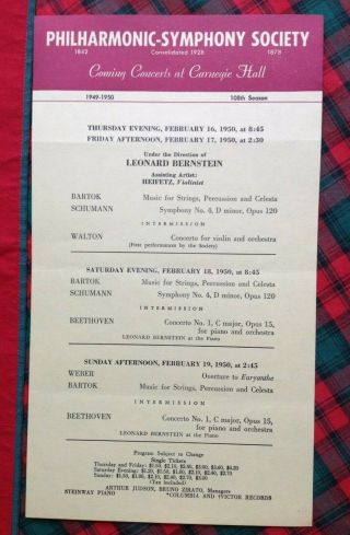 2/16/1950 Bernstein Heifetz Philharmonic - Symphony Carnegie Concerts Flyer