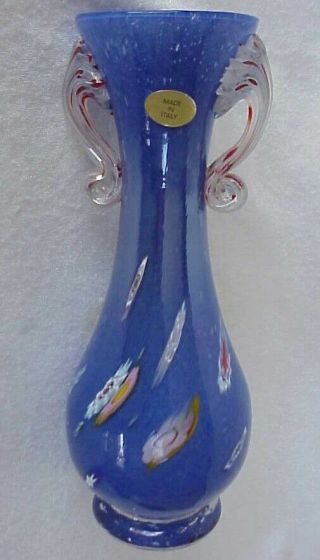 Vintage Hand Blown Murano Italy Art Glass Millefiori Blue Vase Applied Handles