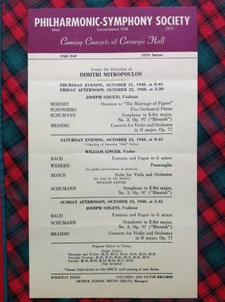 10/21/1948 Mitropoulos Szigeti Flyer Philharmonic - Symphony Carnegie Concerts