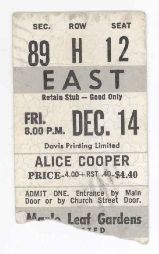 Rare Alice Cooper 12/14/73 Toronto Ont Canada Maple Leaf Gardens Ticket Stub