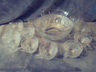 Sandwich Clear By Anchor Hocking Punch Bowl With 10 Cups