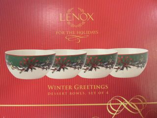 Lenox Winter Greetings Green Band Cardinal Set Of 4 Dessert Bowls In Pkg