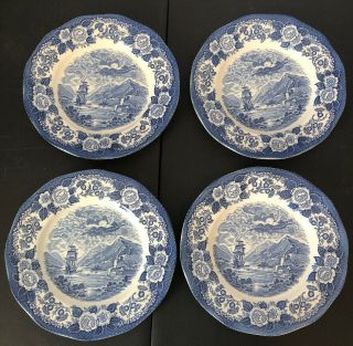 Set 4 Vintage Royal Warwick Lochs Of Scotland Blue & White 9 7/8” Dinner Plates
