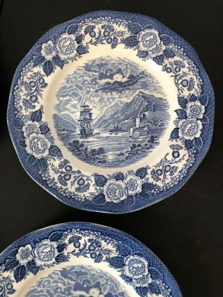 Set 4 Vintage Royal Warwick Lochs of Scotland Blue & White 9 7/8” Dinner Plates 5