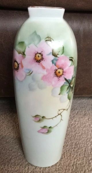 Stunning Vintage Signed Austria Hand Painted Pink Floral 9” Vase