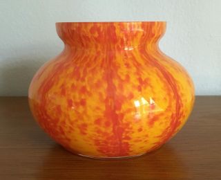 Vtg Art Deco Czech End Of Day Cased Spatter Glass Posy Vase Yellow Red Orange