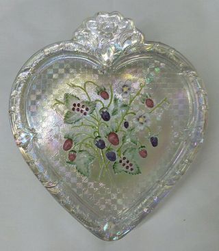 Fenton Lidded Irredesc.  Carnival Glass Heart Hand Painted Berries Candy Dish 8.  5 "