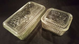 2 Vintage Anchor Hocking Ribbed Glass Containers W/ Embossed Fruit Design Lid