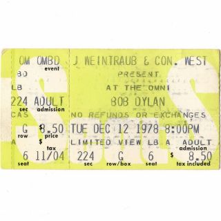 Bob Dylan Concert Ticket Stub Atlanta Ga 12/12/78 The Omni Slow Train Comin Rare