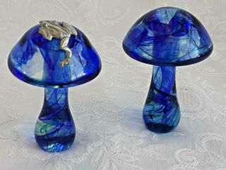 Heron Glass Two Rare Dark Blue Mushrooms - One With Climbing Frog - Made In Uk