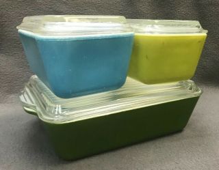 Vintage Pyrex Fridge Set Of 3,  Lids 0503 502 Green Blue Glass 1 1/2 Qt Ovenware