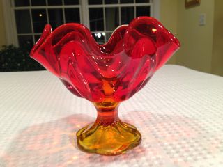 Vintage Mid - Century Viking Glass Amberina Ruby Amber Glass Footed Compote Bowl