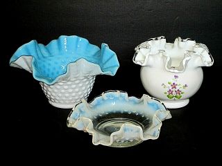 Vintage Fenton Silvercrest Hand Painted Bowl,  Blue Cased Bowl & Opalescent Bowl