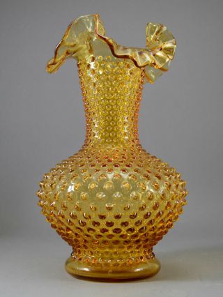 Fenton Hobnail Ruffled Baluster Vase 11” Amber Glass 1970s Retro Victorian