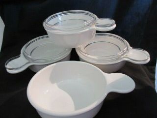 4 Corning Ware White Grab - It Bowls P - 150 - B W/3 Pyrex P - 150 C Glass Lids Vgc