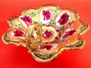 Antique Nippon Gold Moriage Handled Dish.  Thick Gold Red Roses Scalloped 6.  75 "