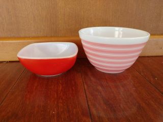 Vintage Pyrex Pink Stripe 401 Milk Glass Mixing Bowl Red 410 Square Mid Century