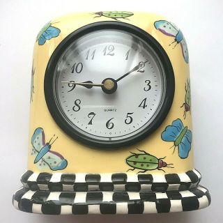 Patricia Dupont Hand Painted Ceramic Clock W Checkerboard Butterfly Insects 1999