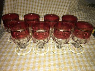 8 Vtg Wine Goblet Cranberry Red Indiana Tiffin Kings Crown Thumbprint Cordial