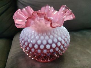 Vintage Fenton Art Glass Cranberry Opalescent Hobnail Ruffled Top Bowl Vase