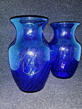 Two Vintage Cobalt Blue Swirl Glass Vases Made In The Usa Indiana Glass Company