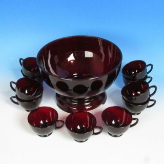 Anchor Hocking Depression Glass Royal Ruby Red - Punch Bowl,  Stand,  11 Cups