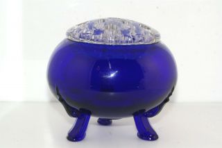 Vintage Viking Glass Flower Frog Cobalt Blue Flowerlite 007 Bowl Vase Candle 2