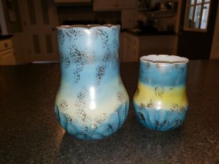 Antique Milk Glass Celery Vase W/ Matching Spooner Blue,  Yellow Gold Gilt Sponge