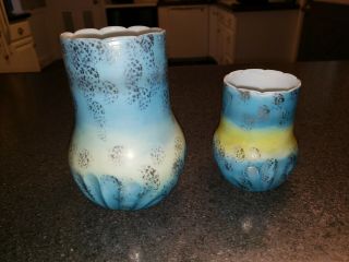 Antique Milk Glass Celery Vase w/ Matching Spooner Blue,  Yellow Gold Gilt Sponge 3