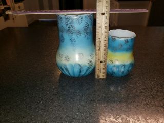 Antique Milk Glass Celery Vase w/ Matching Spooner Blue,  Yellow Gold Gilt Sponge 5
