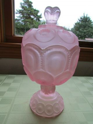 Vintage L.  E.  Smith Pink Frosted Moon And Stars Footed Compote With Lid