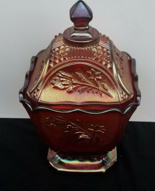1960s Imperial Sunset Ruby Carnival Glass Floral Box & Cover 2