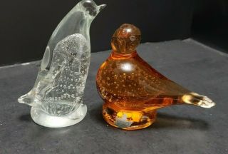 Vintage Medicine Hat Alberta Altaglass Amber Bird Figurine And Clear Penguin