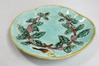 Antique French Majolica Bird Holly Wreath Roped Edge Pottery Plate Rare Shape