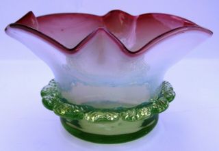 Victorian Antique Opalescent Cranberry Green Small Art Glass Bowl