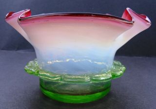 Victorian Antique Opalescent Cranberry Green Small Art Glass Bowl 2