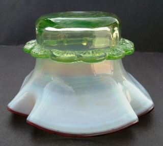 Victorian Antique Opalescent Cranberry Green Small Art Glass Bowl 6