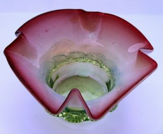 Victorian Antique Opalescent Cranberry Green Small Art Glass Bowl 7