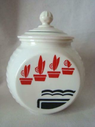 1940s Anchor Hocking Vitrock Milk Glass Red Flower Pot Grease Jar,  Fire King