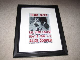 Framed Frank Zappa Live Mini Poster,  Alice Cooper 1972 Fullerton Ca 14 " X17 " Rare