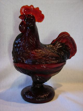 Awesome Vtg Clear Ruby Red Glass Rooster Hen On Nest Covered Trinket /candy Dish