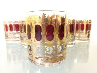 Vintage Culver Cranberry Scroll Old Fashioned Low Ball Tumblers Set Of 5