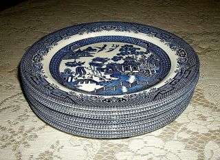 8 Blue Willow Churchill 10 1/4 " Dinner Plates Made In Staffordshire England