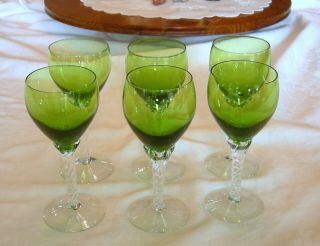 Set Of 6: Emerald Green Wine Glasses W/ Twisted Clear Glass Stems Hand Blown