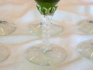 Set of 6: EMERALD GREEN WINE GLASSES w/ Twisted Clear Glass Stems Hand Blown 2