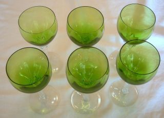 Set of 6: EMERALD GREEN WINE GLASSES w/ Twisted Clear Glass Stems Hand Blown 4